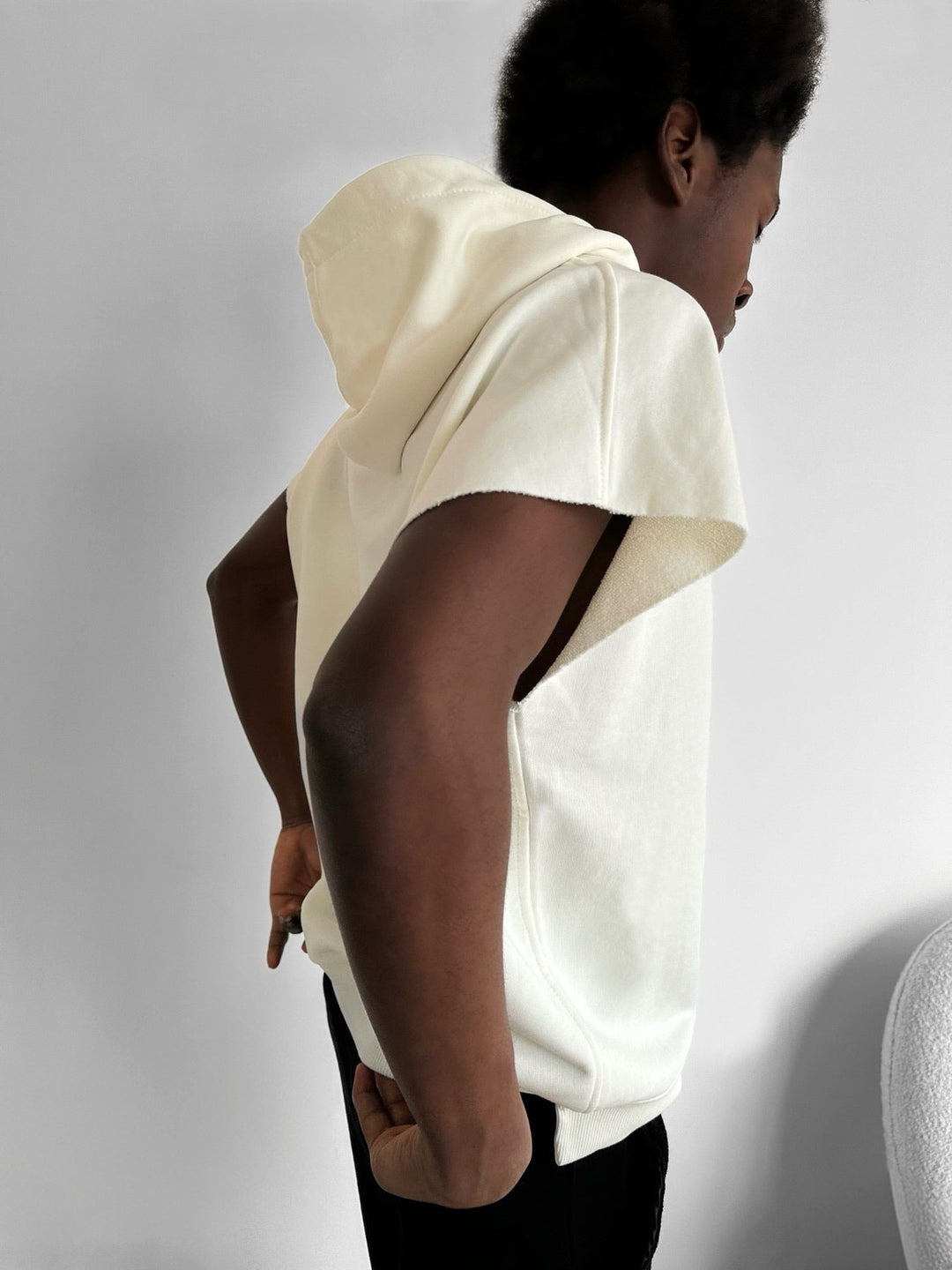 Lös Passform Ärmless Hoodie - Ecru
