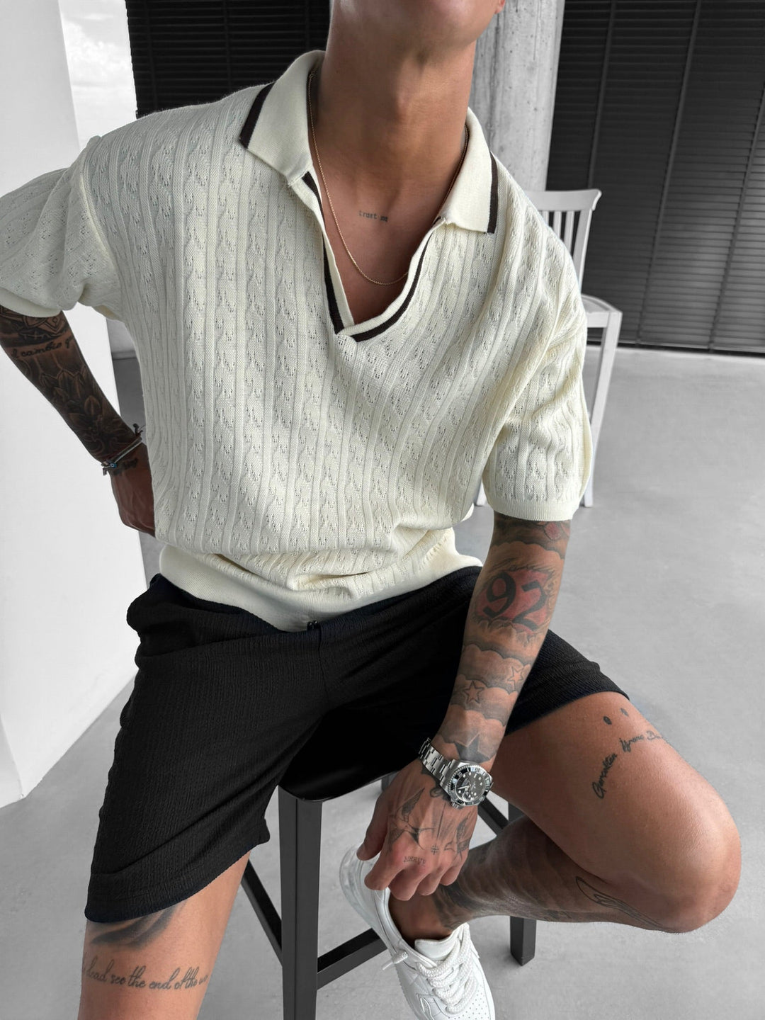 Oversize Strukturerad Polo T-shirt - Ecru och Brun