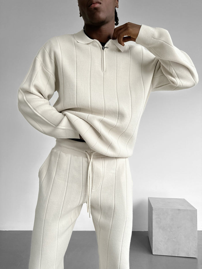 Oversize Linjer Stickad Dragkedja Polo Sweatshirt - Ecru
