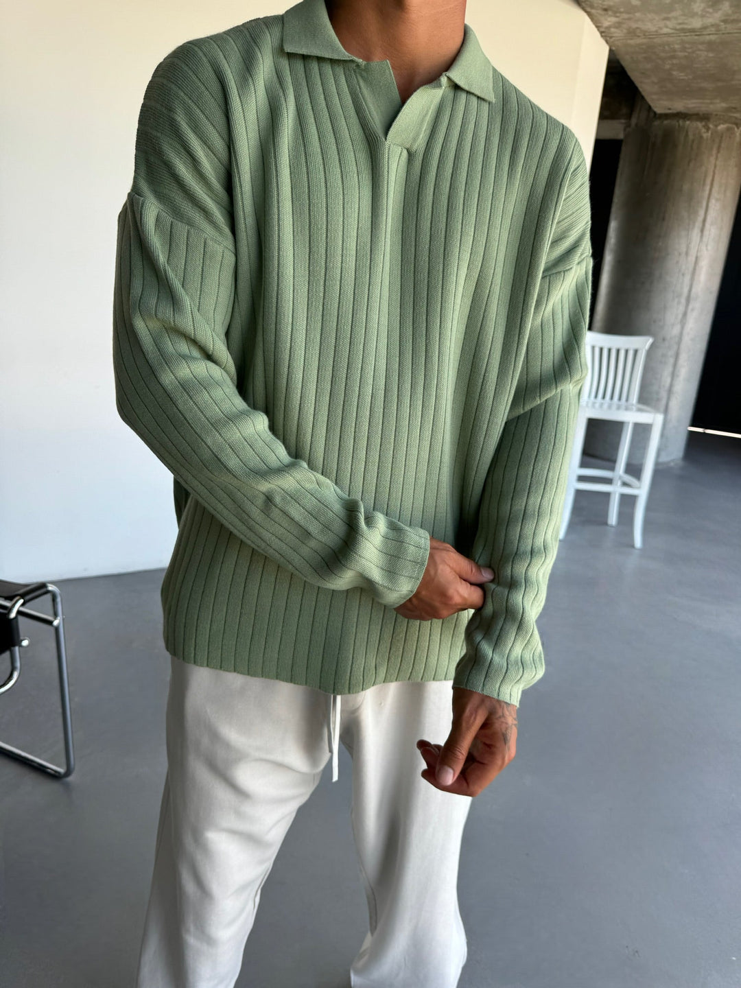 Överdimensionerad Vid Ribbad Långärmad Stickad Polo Sweatshirt - Gräs