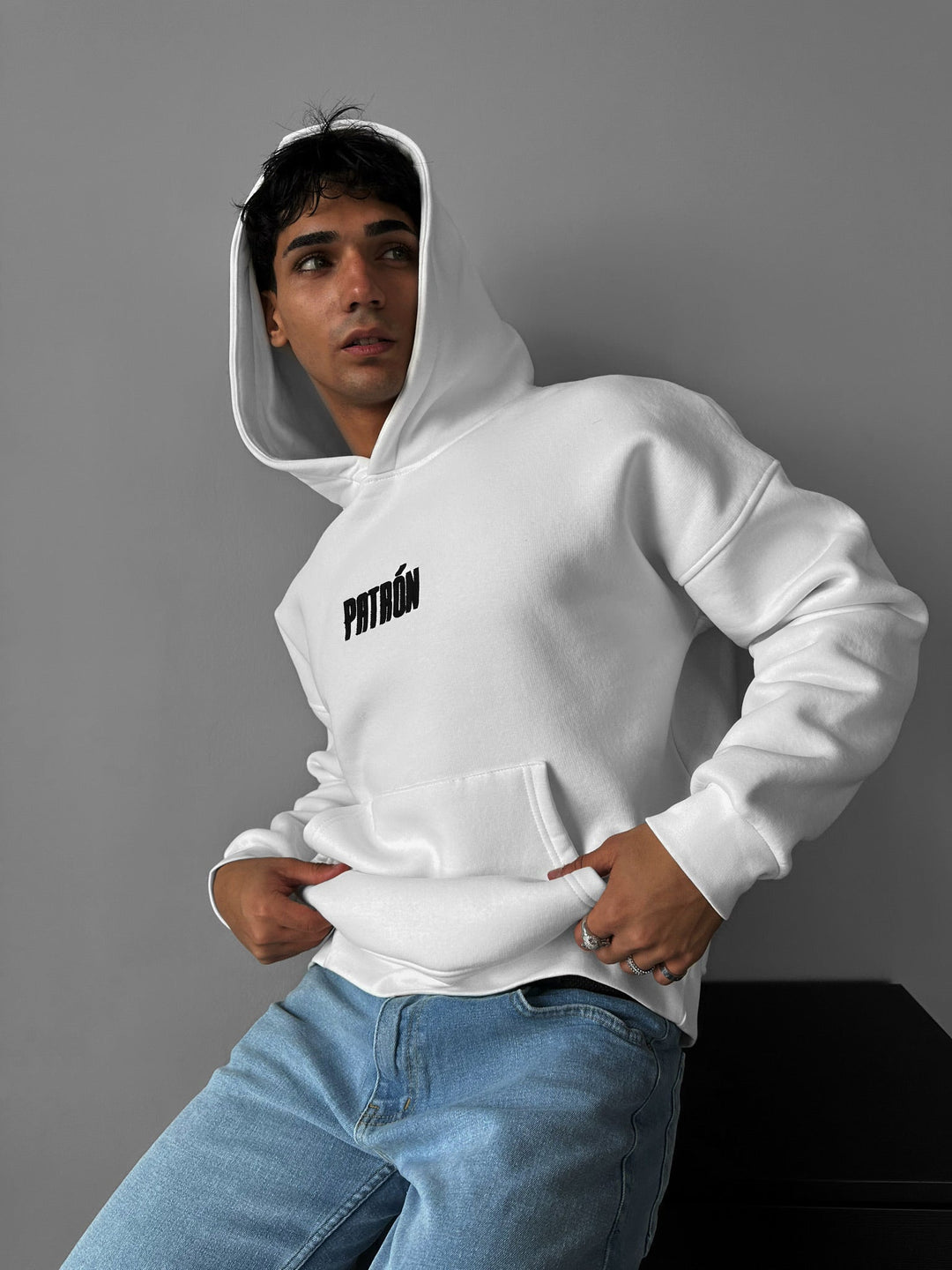 Oversize Detaljerad Patron Hoodie - Ecru