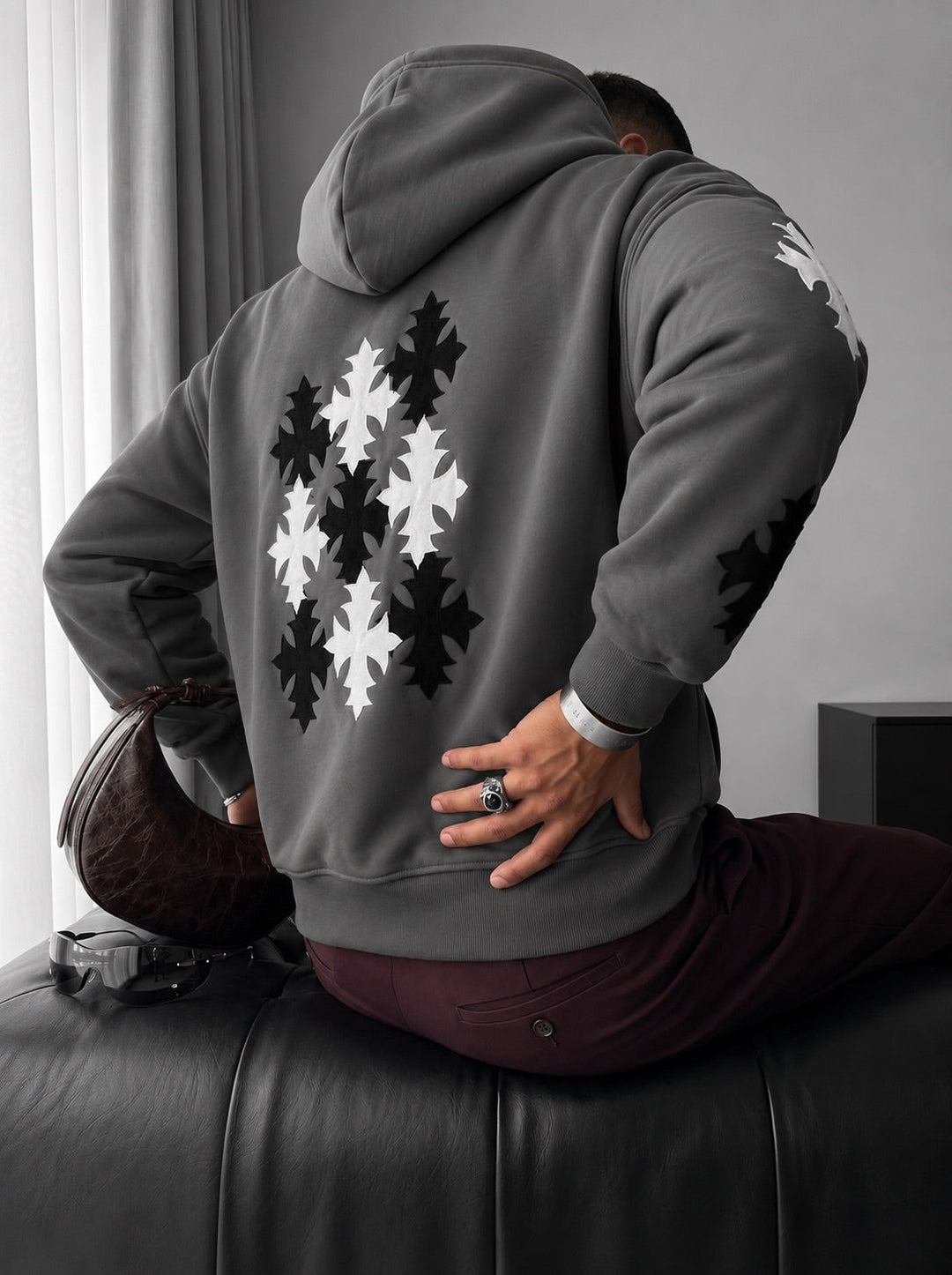 Oversize Gotisk Kors Hoodie - Antracit