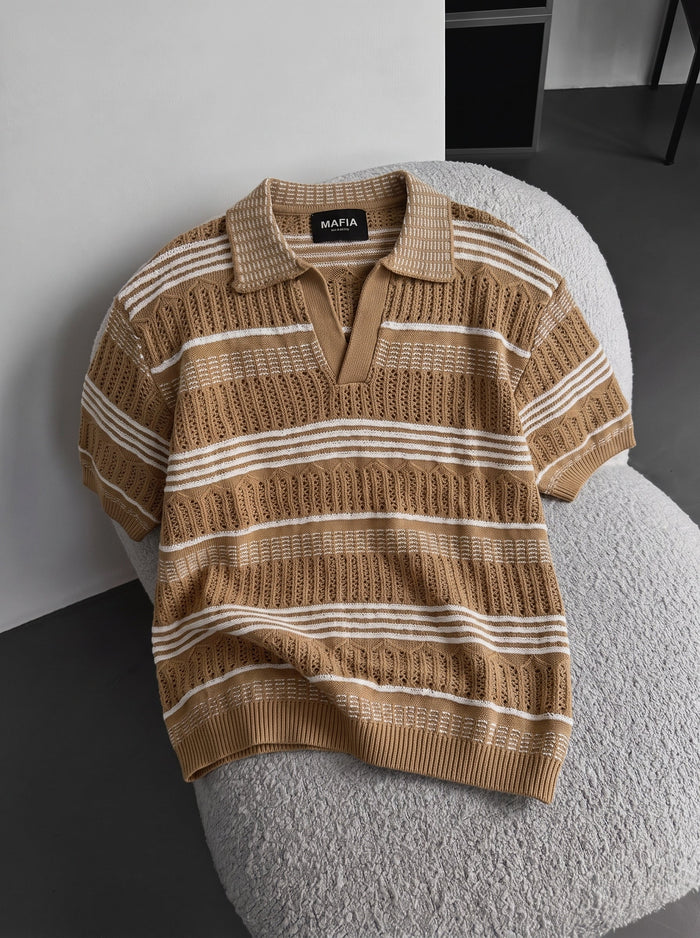Lös passform mönstrad krage stickad T-shirt - Brun