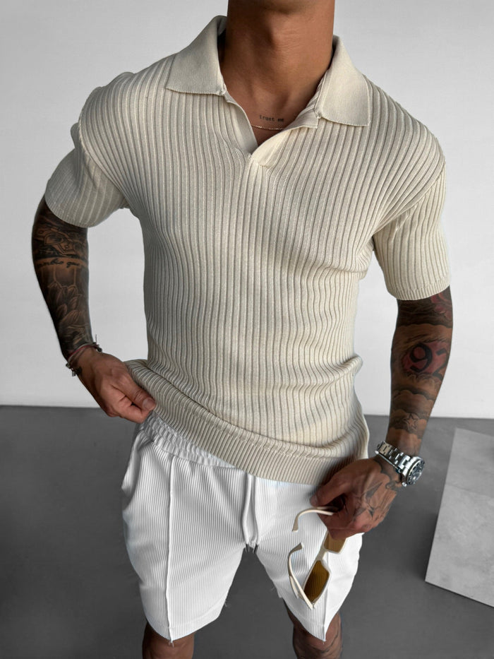 Slim Fit Stickad Polo T-Shirt - Beige