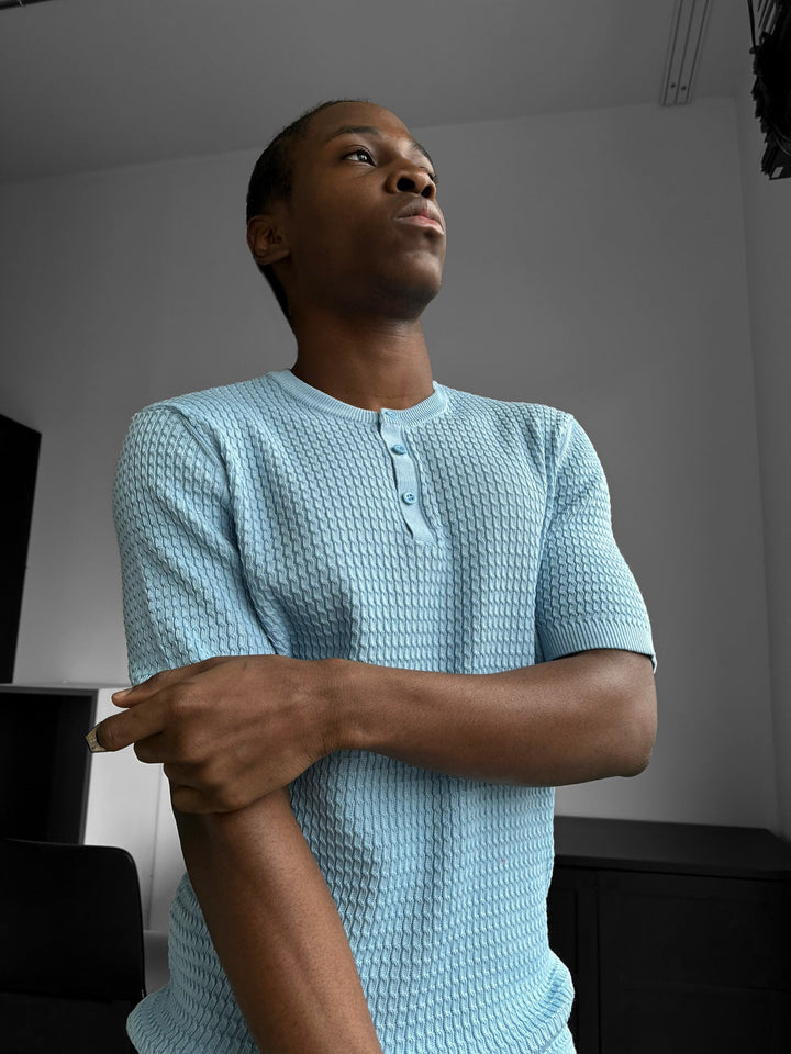 Regular Fit Waffle Button T-shirt - Babyblå