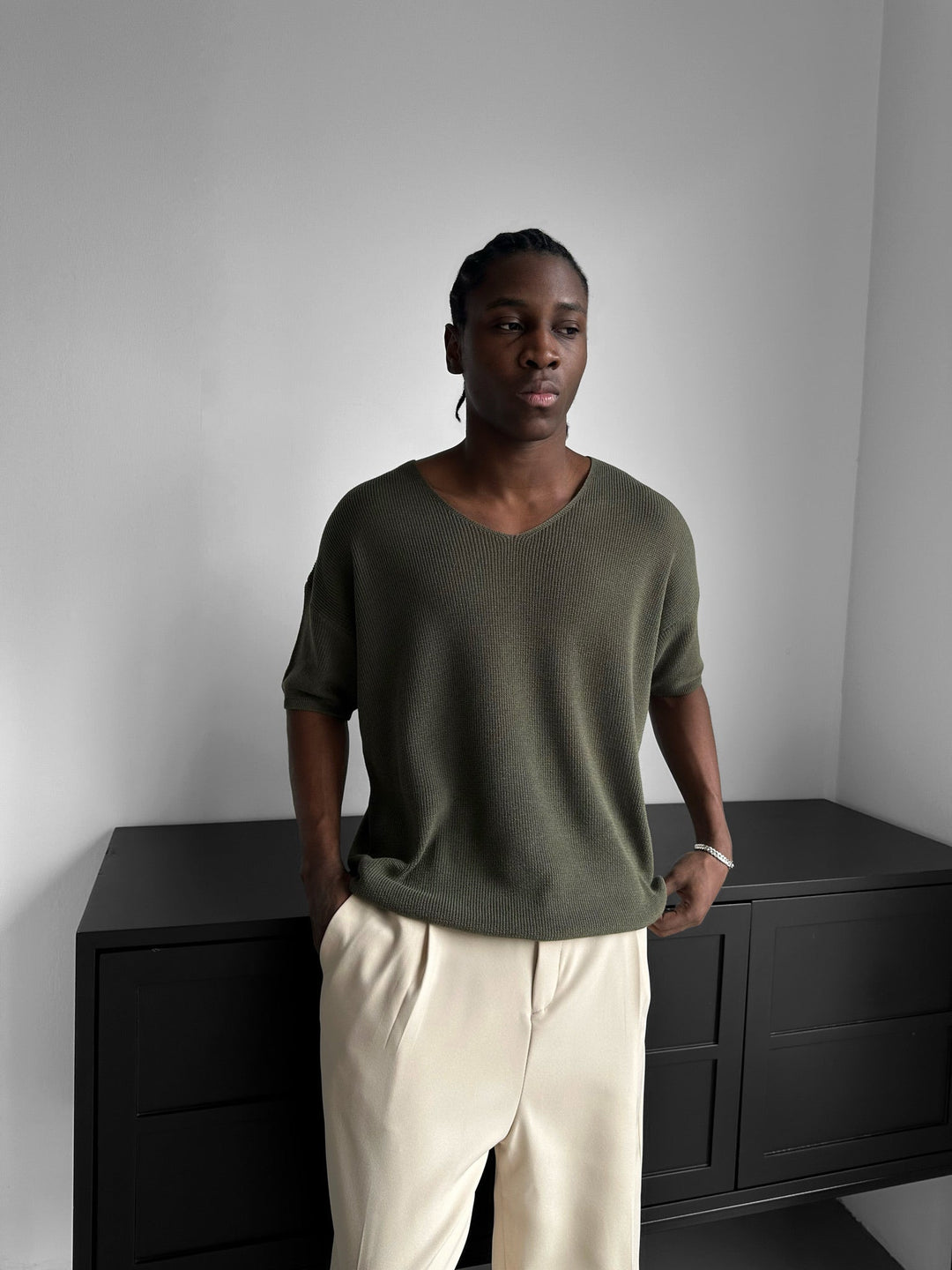 Oversize Lång Stickad T-Shirt - Khaki