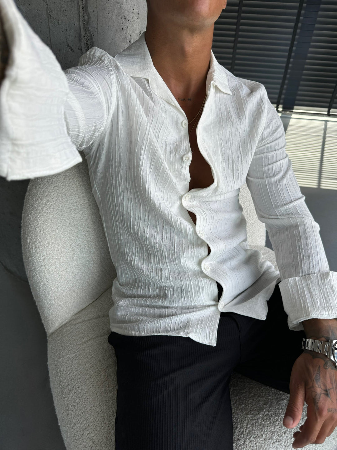 Regular Fit Plisserad Skjorta - Ecru