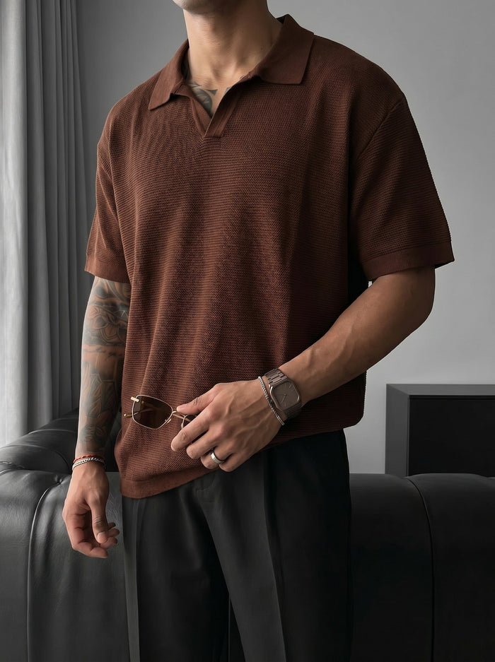 Överdimensionerad Krage Ribbad Stickad T-Shirt - Mörkbrun