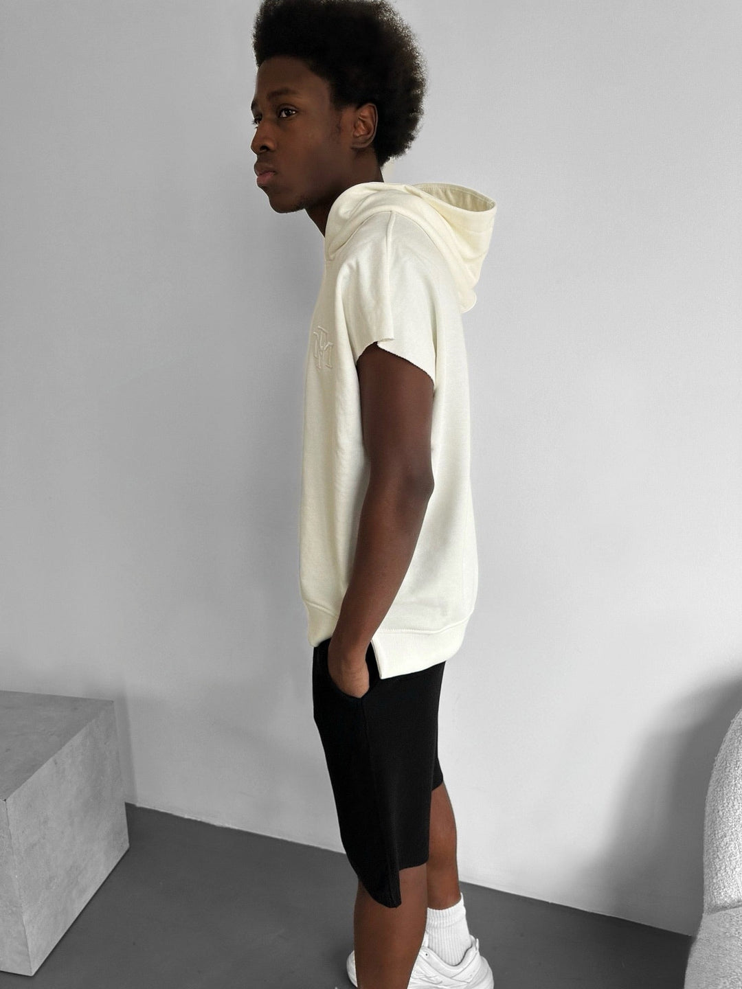 Lös Passform Ärmless Hoodie - Ecru