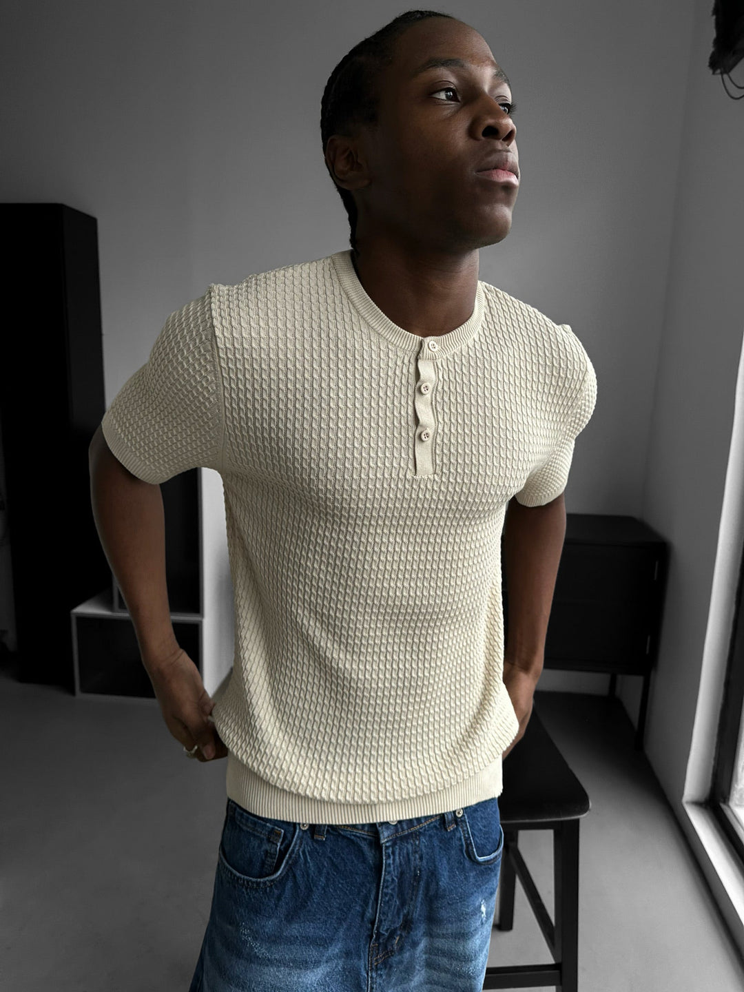 Regular Fit Vaffelknapp T-shirt - Beige