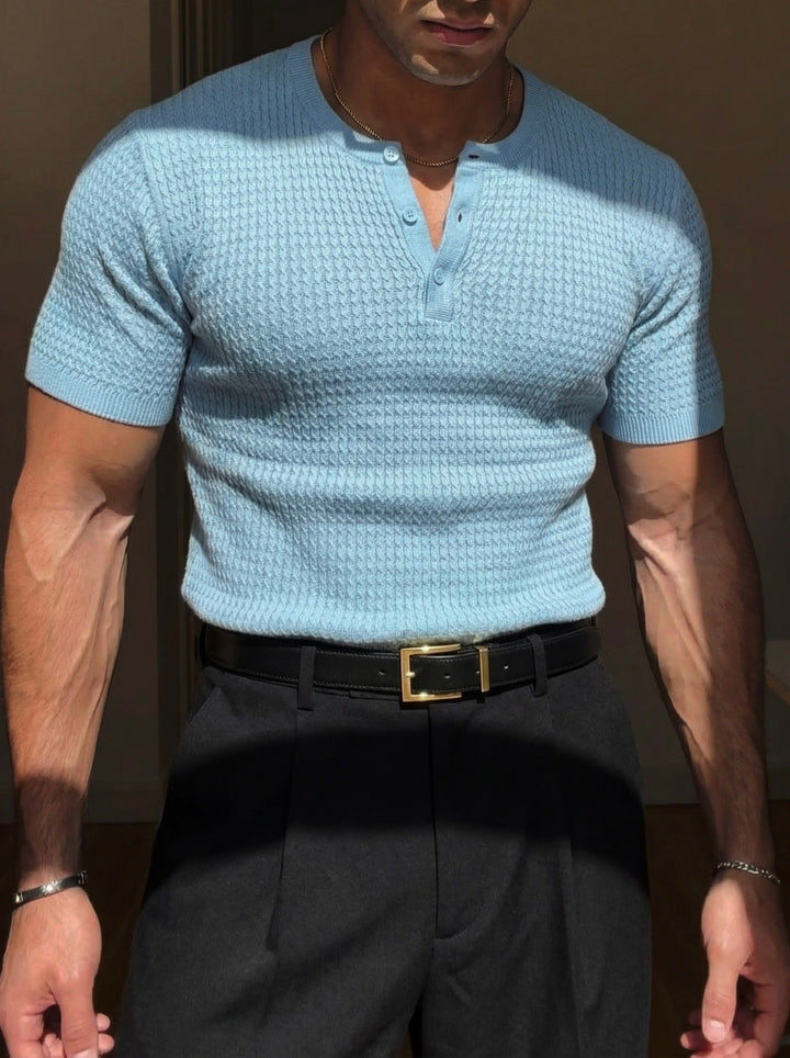 Regular Fit Waffle Button T-shirt - Babyblå