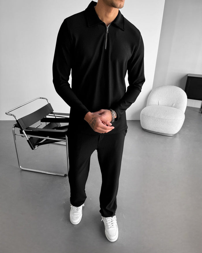 Lös Passform Dragkedja Polo Sweatshirt - Svart