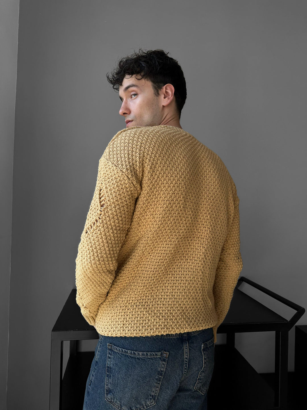 Regular Fit Textured Torn Sweater - Saffran