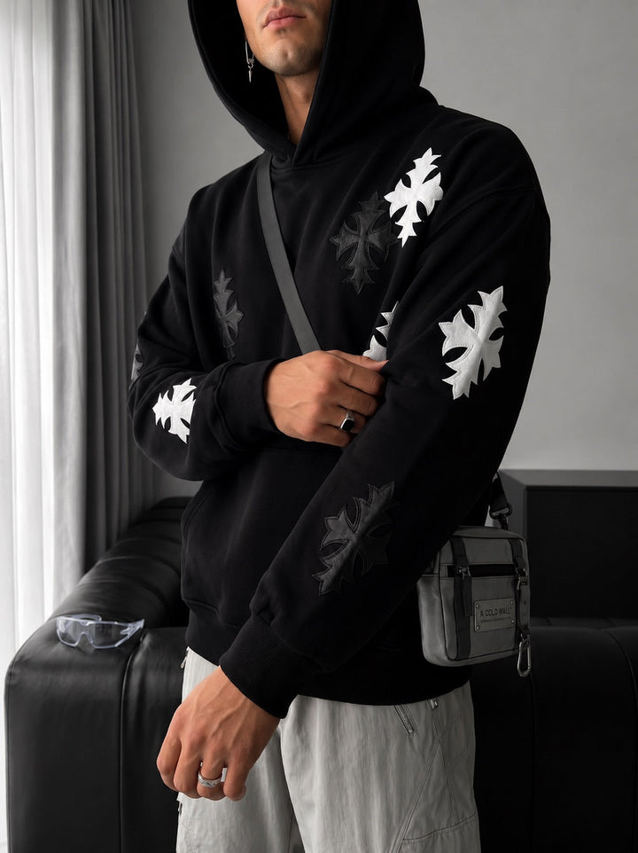 Oversized Gotisk Kors Hoodie - Svart