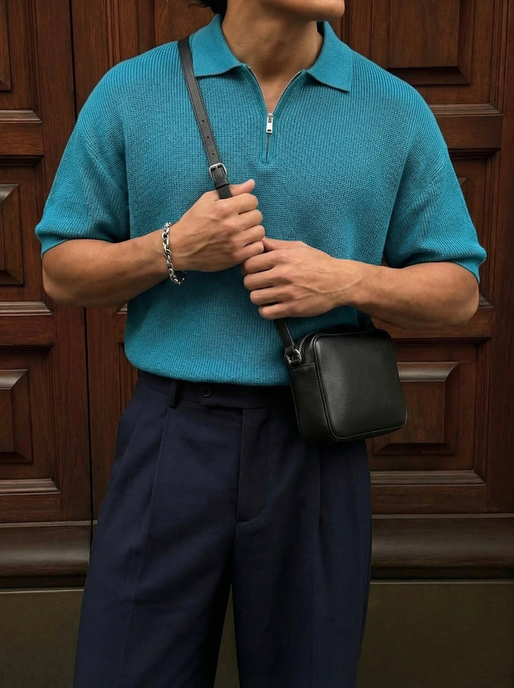 Överdimensionerad dragkedja stickad polo T-shirt - Blå