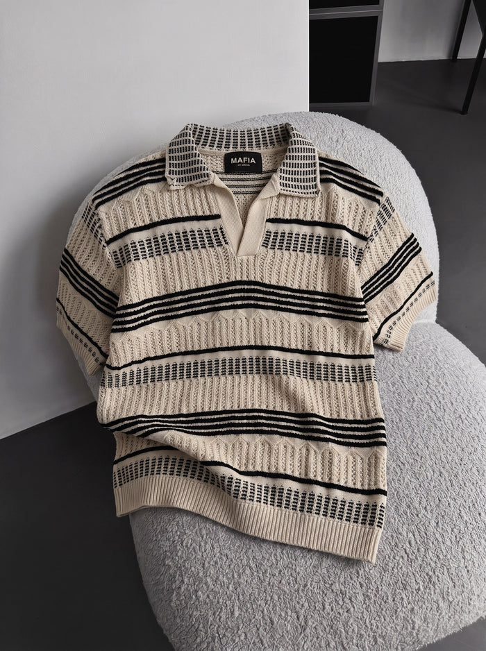 Lös passform mönstrad krage stickad T-shirt - Cremé