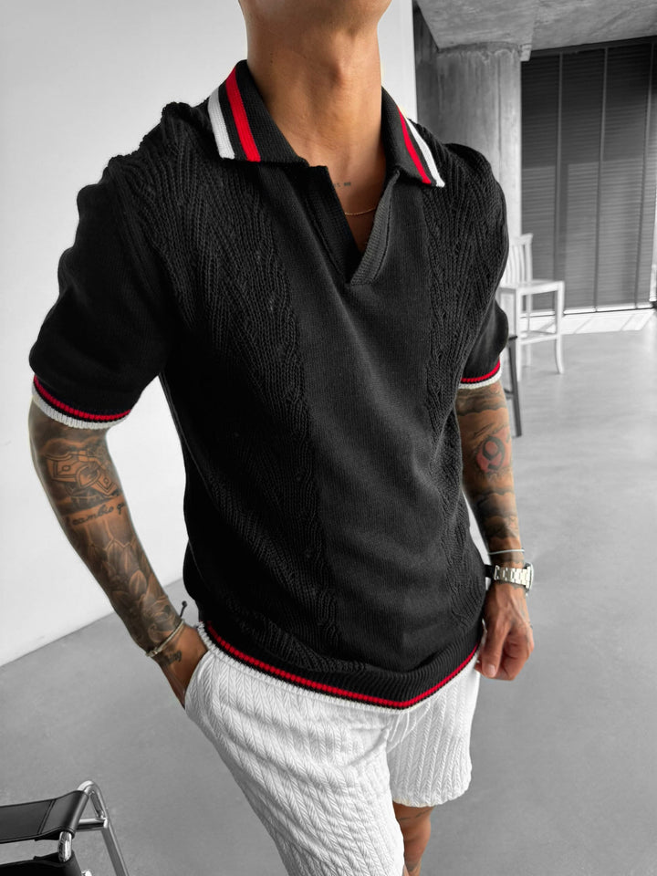 Slim Fit Detaljstickad Polo T-shirt - Svart