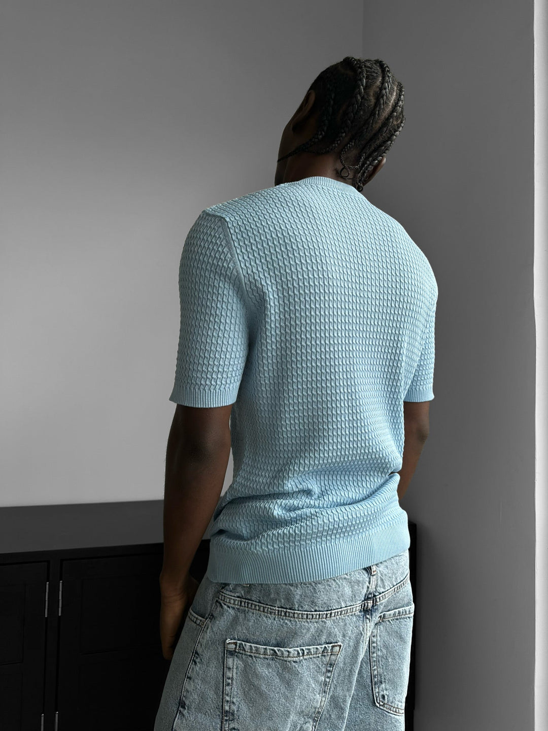 Regular Fit Waffle Button T-shirt - Babyblå