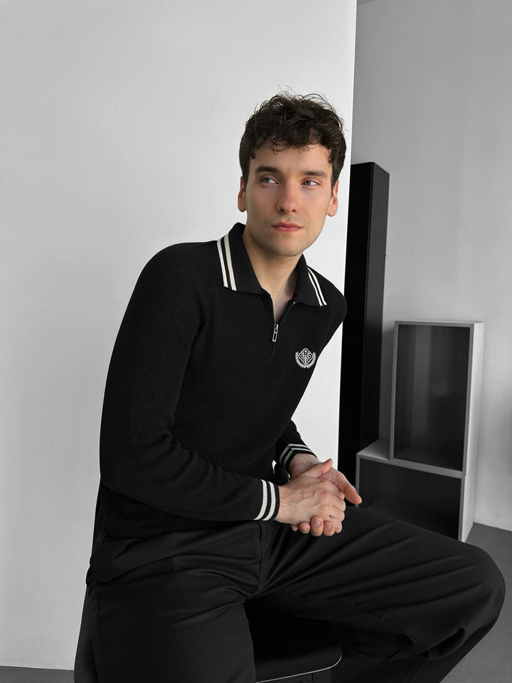 Slim Fit Halvdragning Broderad Polo Tröja - Svart