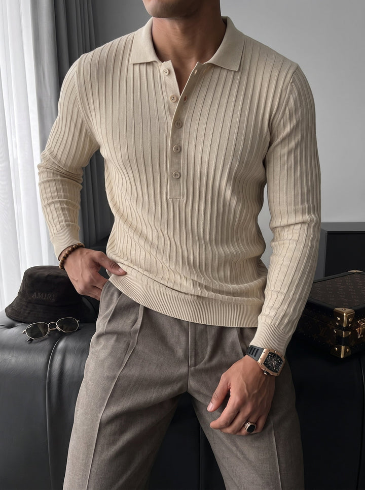 Slim Fit Polo Stickad Tröja - Beige