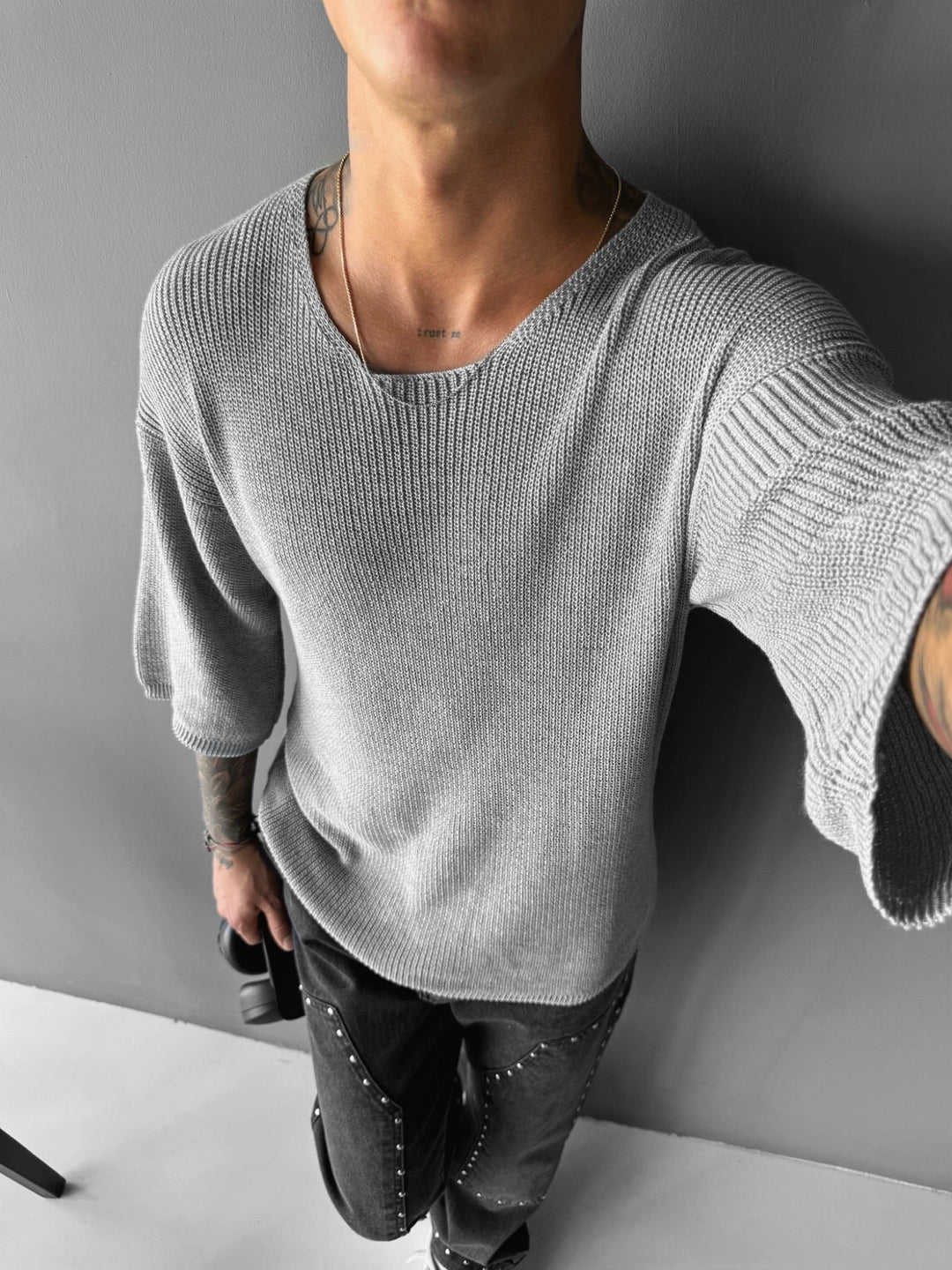 Oversize Lång Stickad T-shirt - Grå