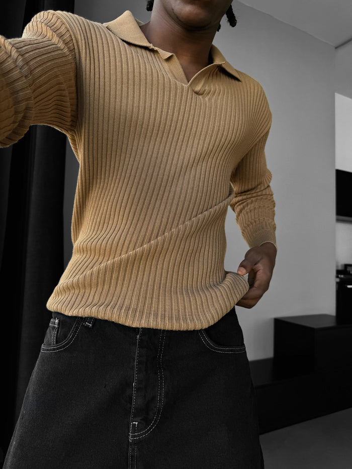 Slim Fit Stickad Polo Tröja - Brun