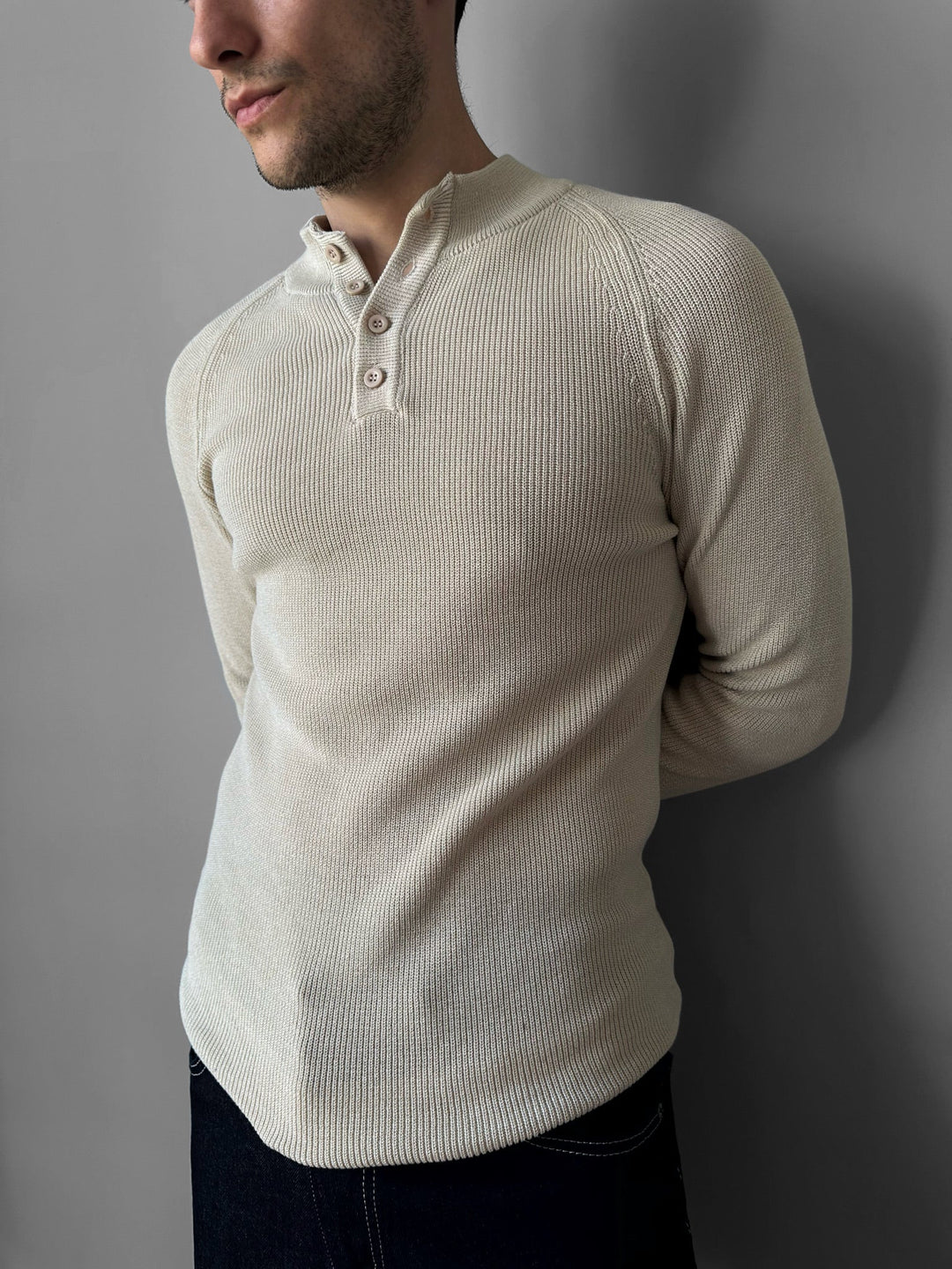 Slim Fit Stickad Tröja - Beige