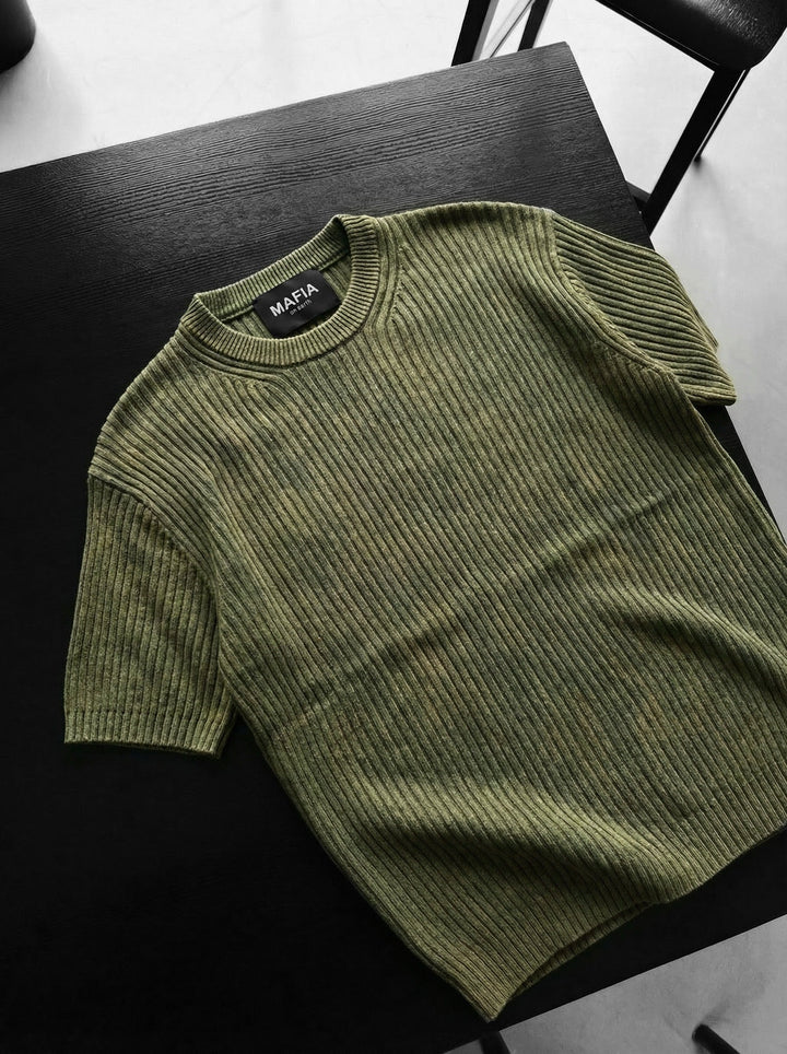 Slim Fit Tvättad Tunn Linjer Stickad T-Shirt - Khaki