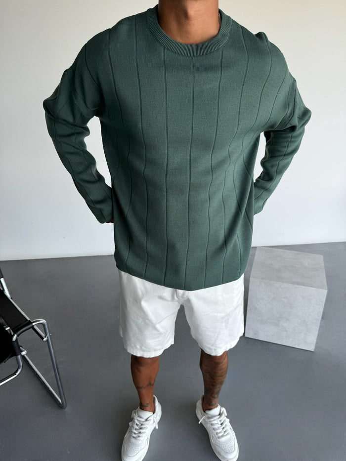 Oversize Lines Stickad Sweatshirt - Petrol