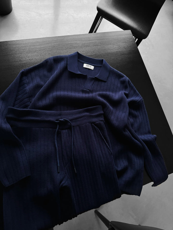 Oversized Vid Ribbad Långärmad Stickad Polo Sweatshirt - Marinblå