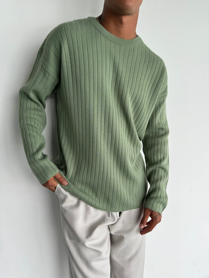 Överdimensionerad Bred Ribbad Långärmad Stickad Sweatshirt - Gräs