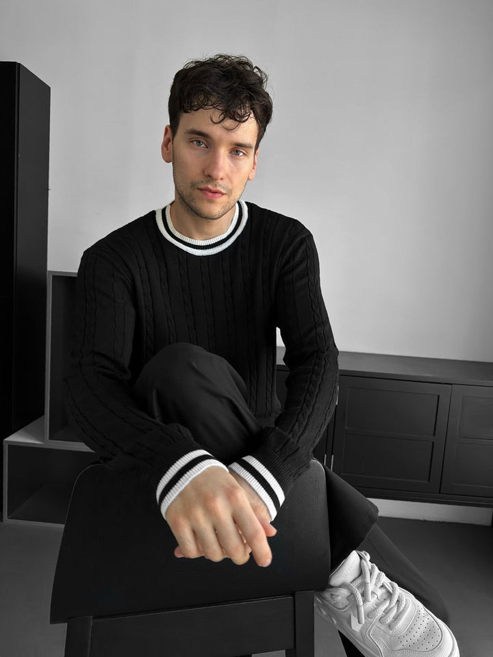 Regular Fit Braid Knit Sweater - Svart