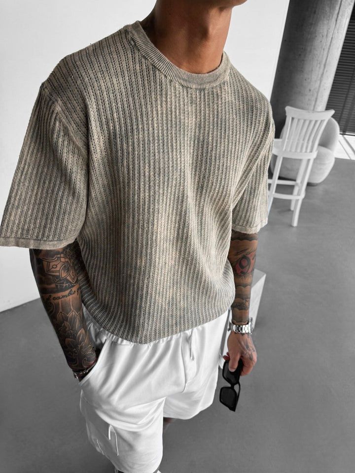 Oversize Stickad Tvättad T-shirt - Sten