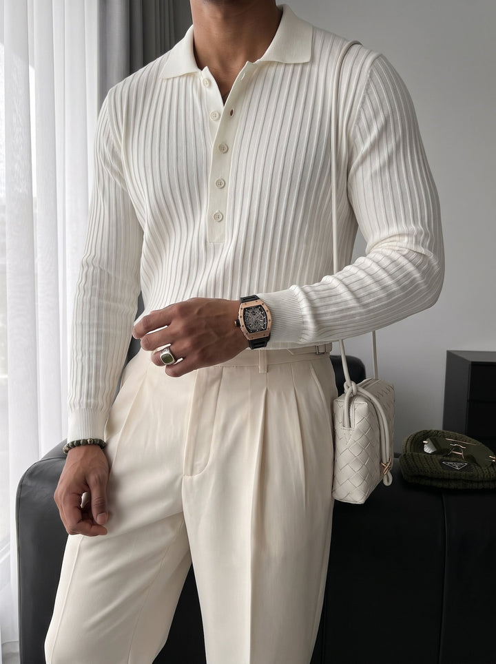 Slim Fit Polo Stickad Tröja - Ecru
