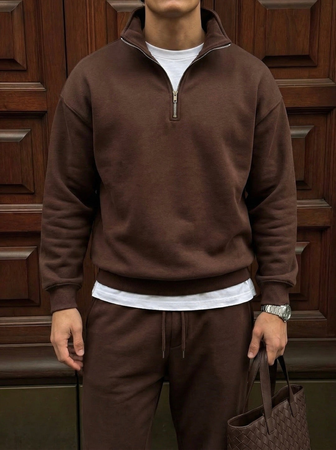 Oversize Halvdraget Polo Sweatshirt - Chokladbrun