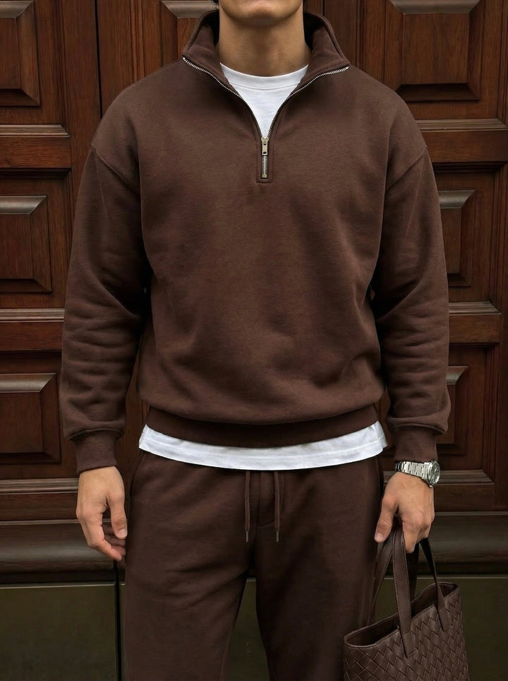 Oversize Halvdraget Polo Sweatshirt - Chokladbrun