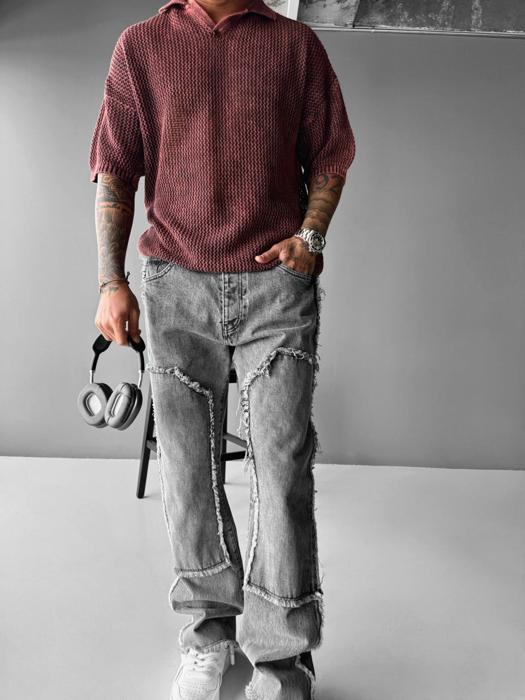 Regular Fit Knit Grid T-shirt - Plommon Perfekt