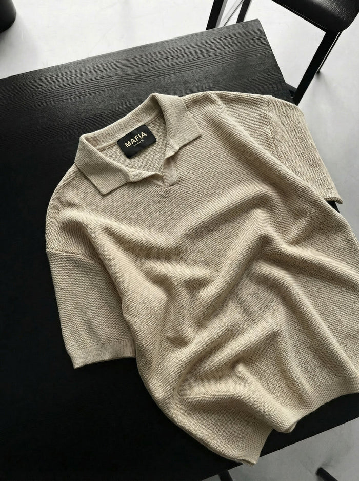 Överdimensionerad Krage Ribbad Stickad T-Shirt - Sten