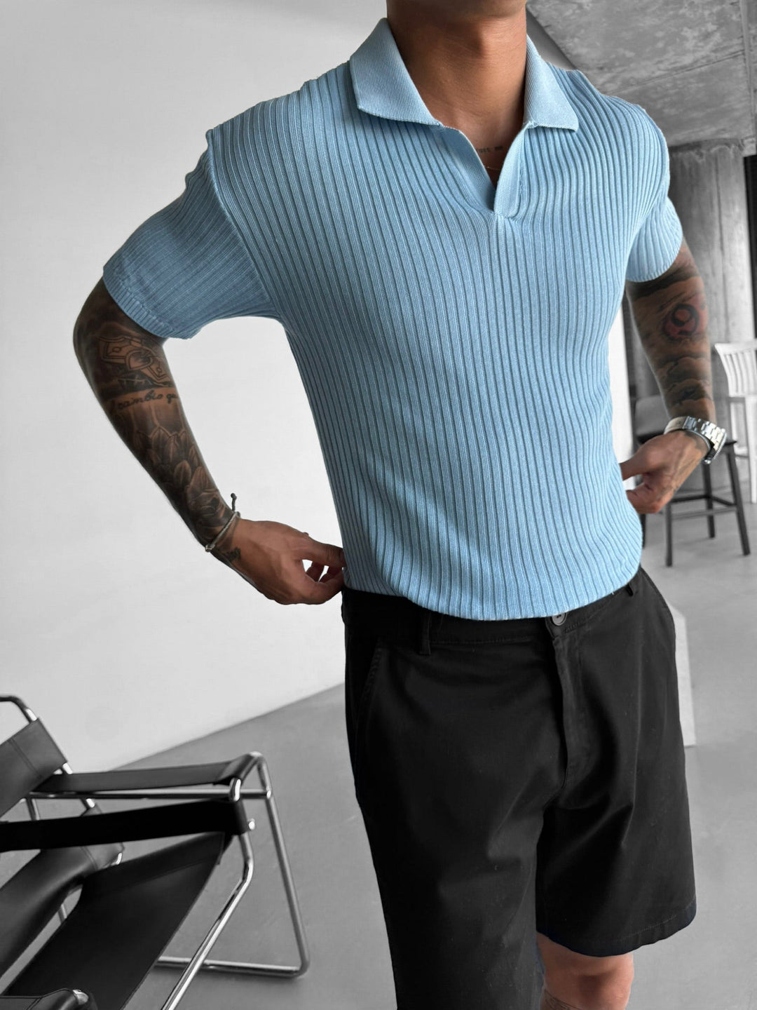 Slim Fit Knit Polo T-Shirt - Babyblå