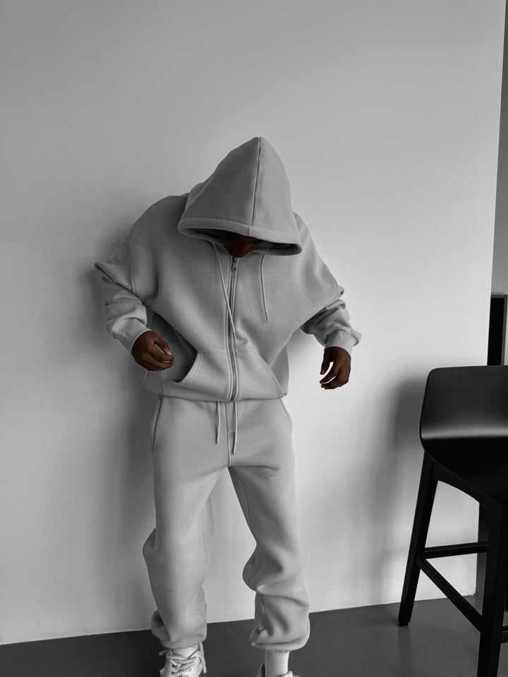 Oversize Basic Dragkedja Hoodie - Grå