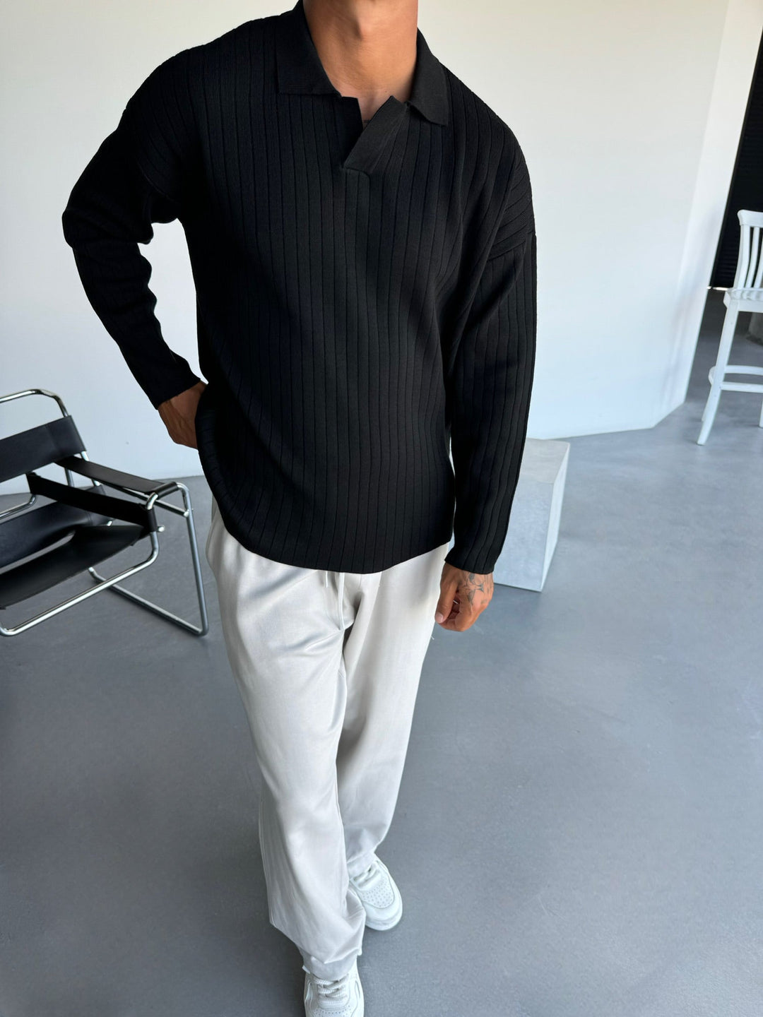 Överdimensionerad Vid Ribbad Långärmad Stickad Polo Sweatshirt - Svart