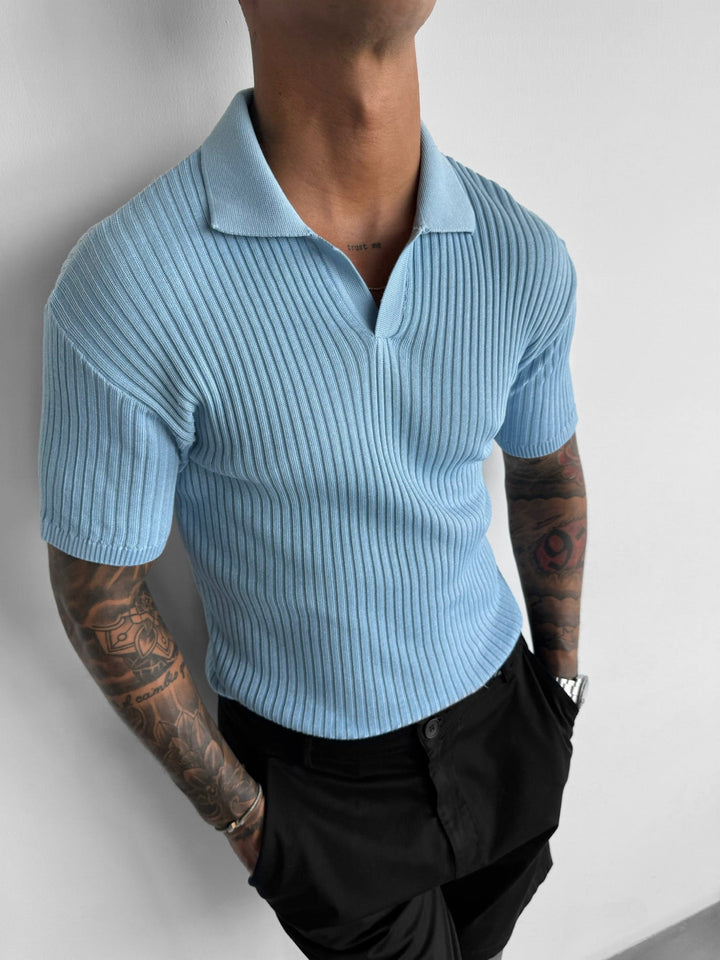 Slim Fit Knit Polo T-Shirt - Babyblå