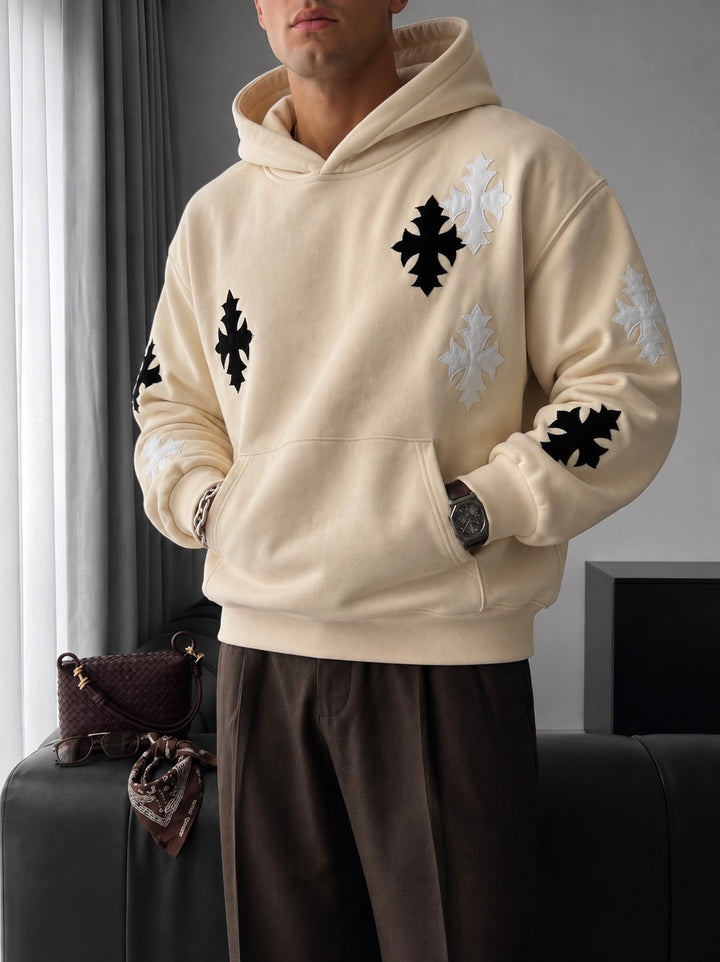 Oversize Gotisk Kors Hoodie - Beige