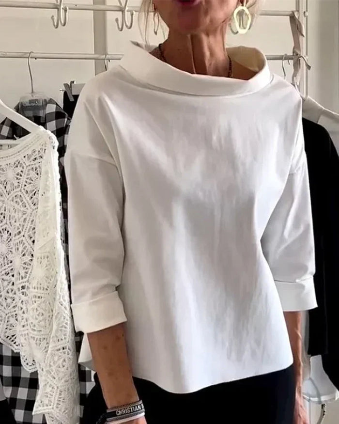 Dam Topp med Bred Krage och Halvpolokrage för Vardagsstil