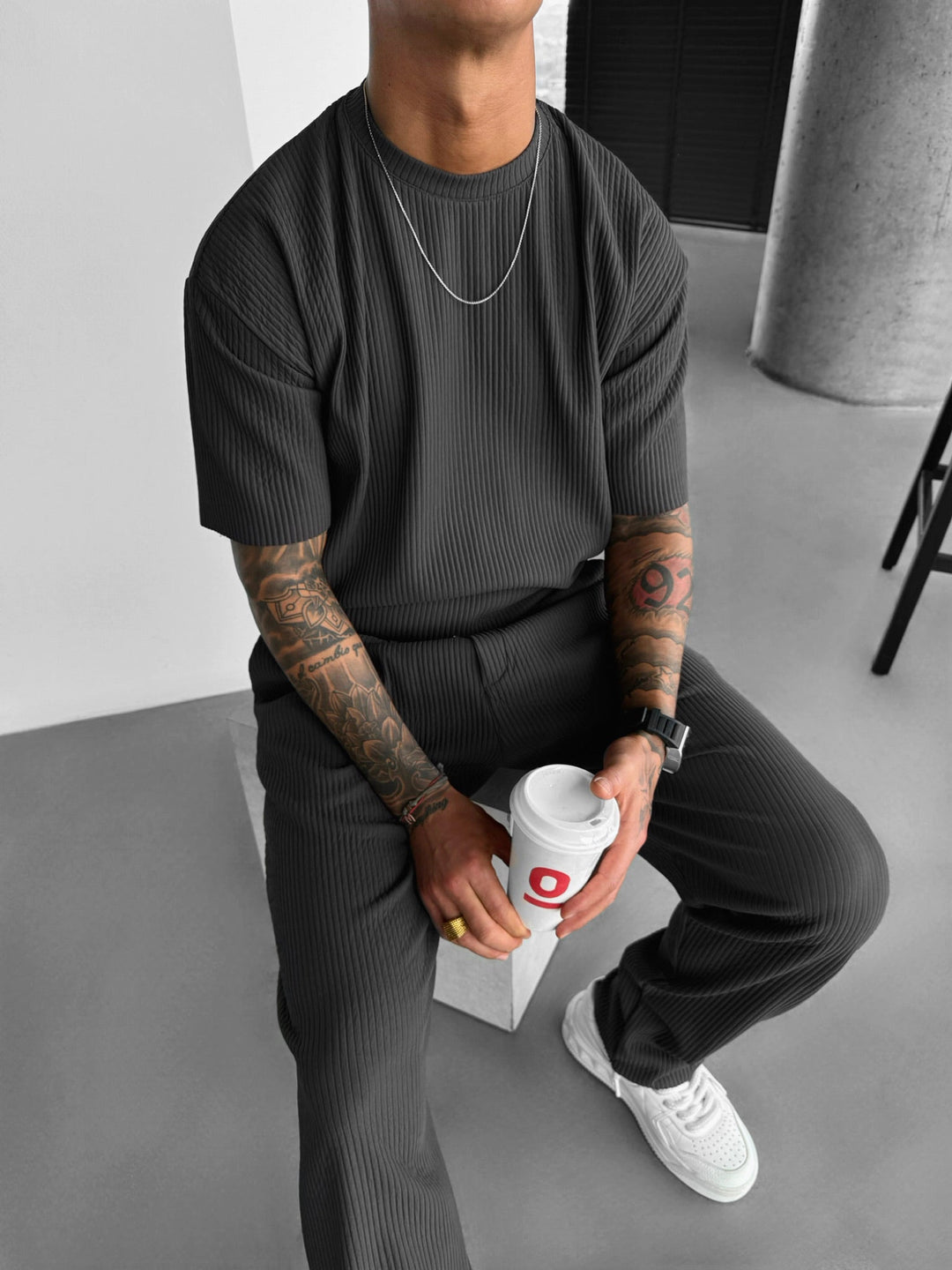 Oversize Ribbad T-Shirt - Antracit