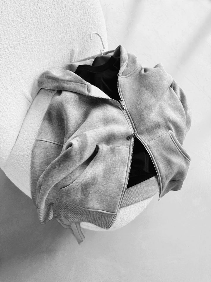 Oversize Effekt Tvättad Dragkedja Hoodie - Grå