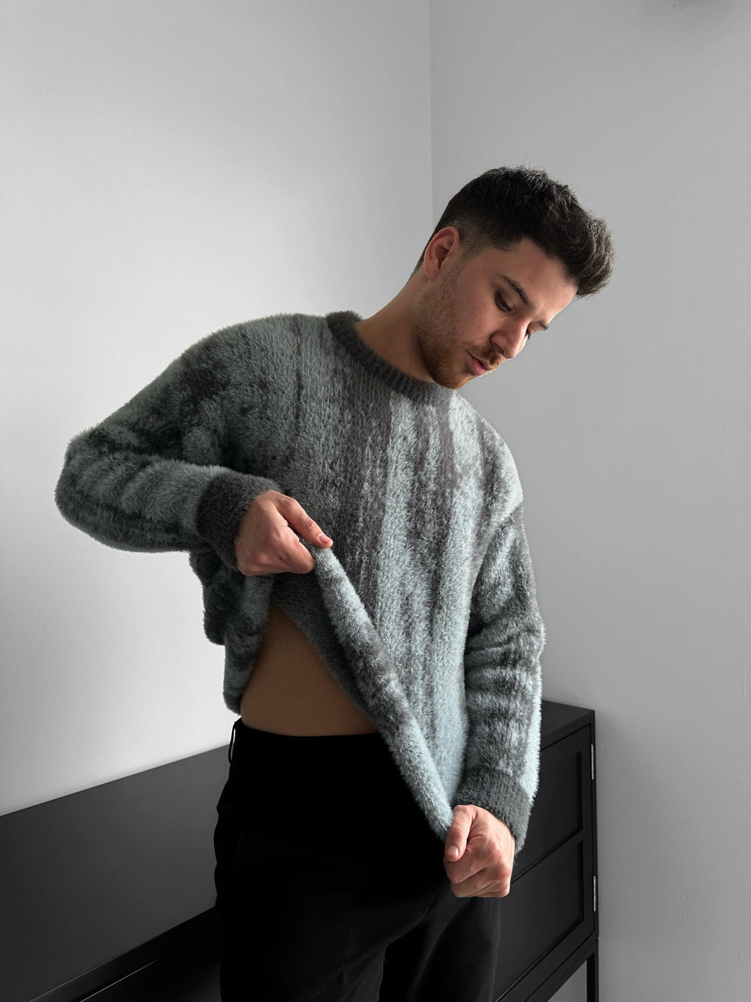 Oversize Brushstroke Effect Stickad Pullover - Antracit