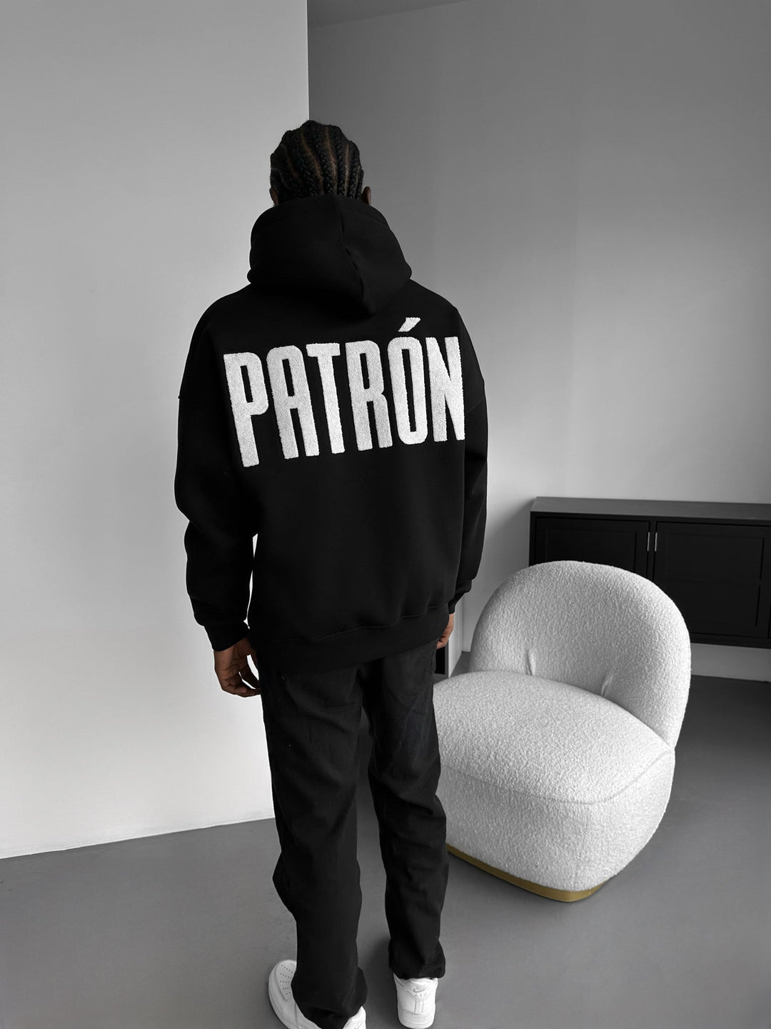Oversize Detaljerad Patron Hoodie - Svart och Vit