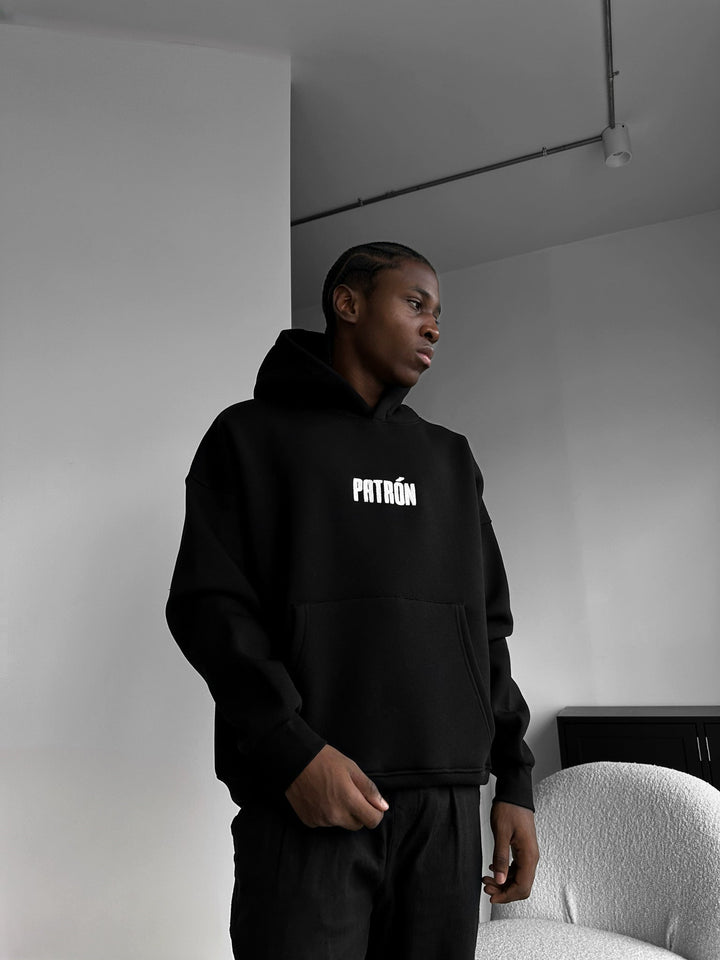 Oversize Detaljerad Patron Hoodie - Svart och Vit