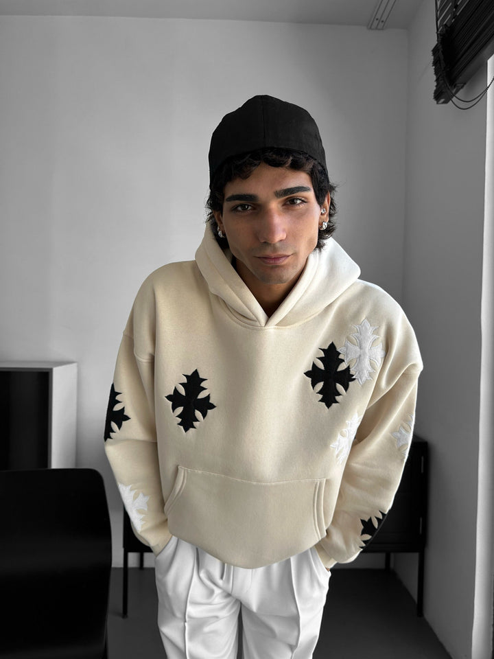 Oversize Gotisk Kors Hoodie - Beige